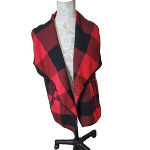 Yacun Women Open Front Red Buffalo Plaid Sleeveless Cardigan Jacket Vest Large